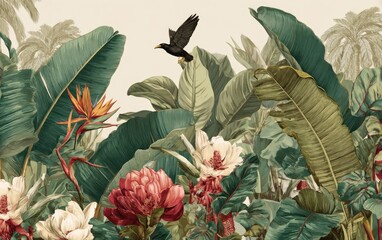 Lush tropical foliage with birds and flowers