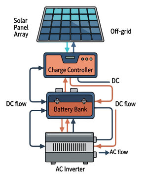 Diagram illustrating an off-grid solar panel array charging a battery bank via a charge controller, powering an AC inverter