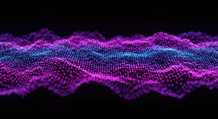 Glowing digital particles form a complex, undulating wave pattern against a dark background