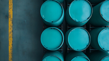 An overhead view captures a symmetrical grid of turquoise barrels in a warehouse, highlighting industrial storage and logistical efficiency. The metal containers are uniformly placed.