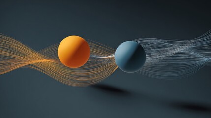 Two spheres with flowing lines meet on dark surface, warm and cool tones