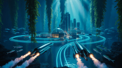 Submerged futuristic city illuminated by neon blue lights with personal submersibles arriving