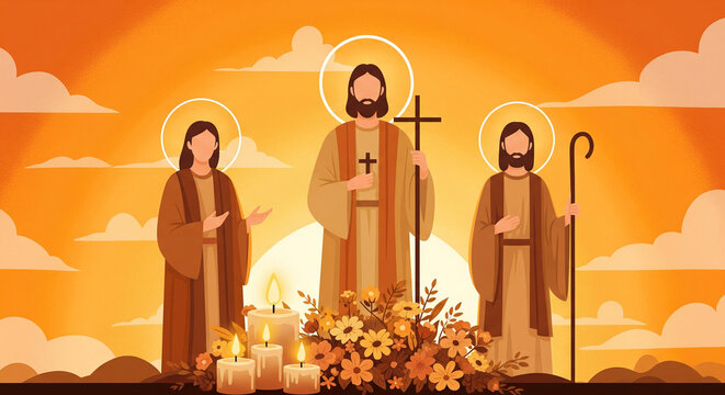 All Saints Day Illustration with Male and Female Saint Figures, Cross, and Candles, Christian Faith Background - Powered by Adobe