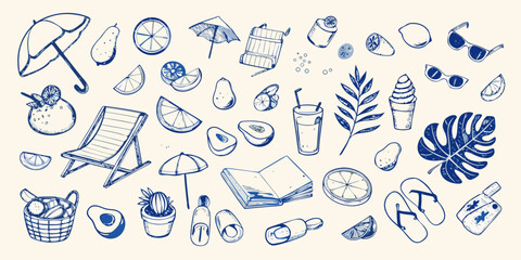 A whimsical collection of summer essentials in a blue sketch style