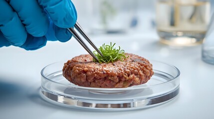 Culinary Creation in the Lab: A meticulously gloved hand delicately places a sprig of garnish atop a perfectly formed patty, symbolizing the fusion of science and gastronomy