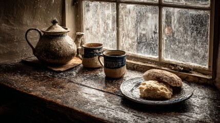 A plate of food and two cups of coffee sit on a wooden table by a window. Scene is cozy and inviting, as the food and drinks suggest a warm and comfortable atmosphere