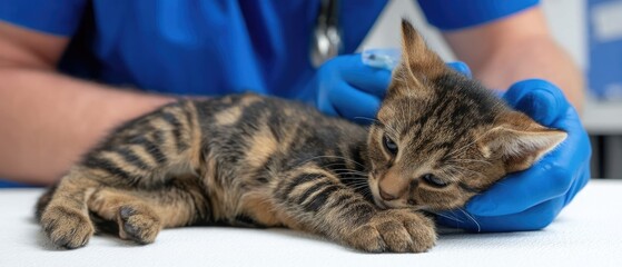 Veterinary doctor gives treatment to baby kitten with syringe in clinic on white table
