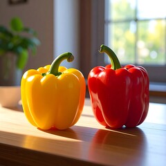 Two bell peppers, yellow and red, on a wooden table in front of a window