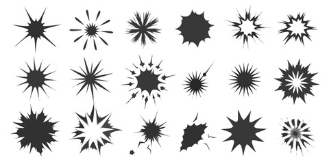 Collection of abstract starburst shapes and dark splatter designs on black background