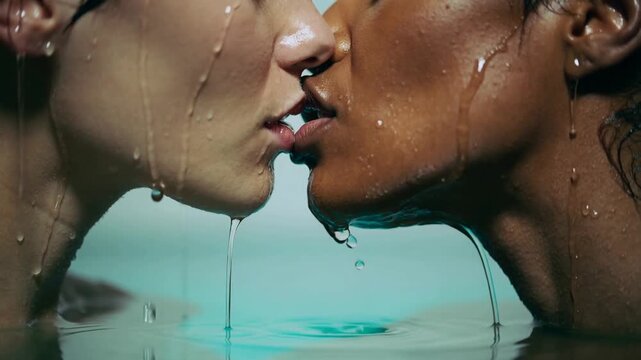 Intimate close-up of two individuals kissing under flowing water, skin glistening with droplets, creating a sensual, aquatic, and deeply passionate atmosphere.