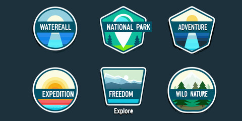 Collection of colorful national park and adventure themed badge illustrations