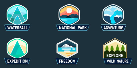 Collection of colorful outdoor adventure badges and national park emblems
