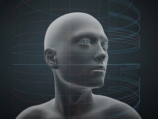 A futuristic digital representation of a human head with glowing eyes and wireframe details