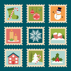 Charming collection of festive postage stamps with christmas themed illustrations
