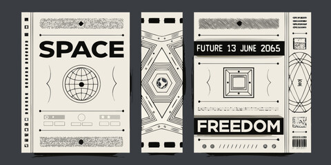 A futuristic space themed design with geometric shapes and text elements