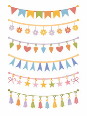 Colorful party decorations bunting flowers hearts tassels and festive strings