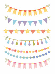 Colorful bunting garlands and decorative elements for festive celebrations and events