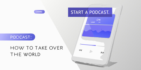 Smartphone displaying a podcast app with text promoting podcast creation