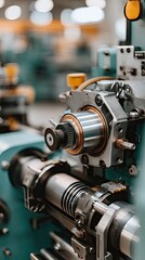 Obraz premium Copper sheets move along a production line at a factory for extrusion and rivet advanced equipment, captured with a wide-angle lens in high-resolution detail