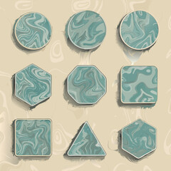 Abstract teal marble patterns arranged in various geometric shapes on a beige background