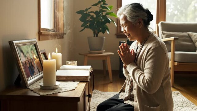 Asian woman praying next to family photo, candles, and bible with hands clasped. Religious worship and remembrance concept.