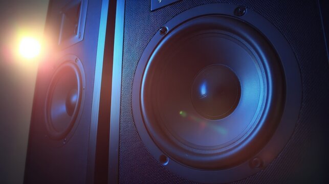 Close-up image of large audio speakers with a glowing light effect, emphasizing sound quality and design.