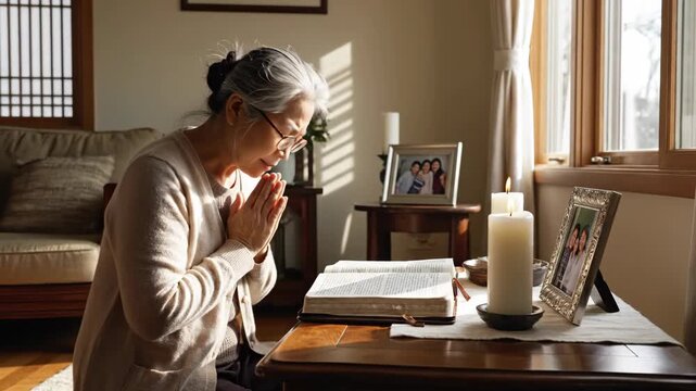 Senior caucasion woman praying with clasped hands at a table with bible and candles, in a concept of faith inspiration.