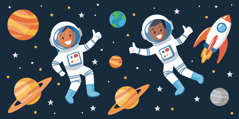 Astronauts exploring space with planets rocket and stars in a colorful scene © Milton