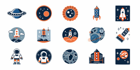 Colorful space exploration icons featuring planets rockets astronauts and spacecraft © Milton