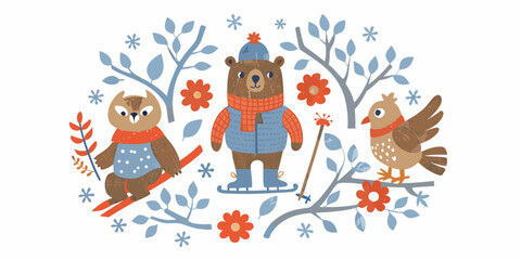 Charming winter scene featuring a bear owl and bird with floral accents