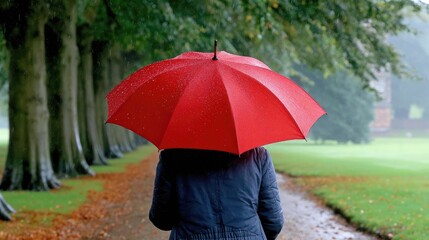 Person with red umbrella walking on path under trees