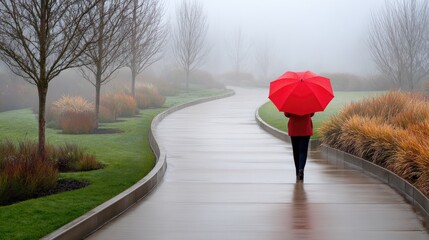 Person with red umbrella walking on wet pathway in foggy park