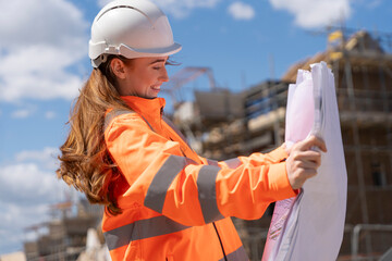 Portrait of Young builder woman with blueprints in bright safety hi-viz jacket working on...