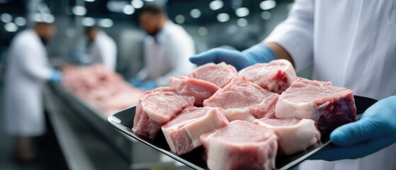 Worker packages raw steaks on production line in meat factory with gloves and coat