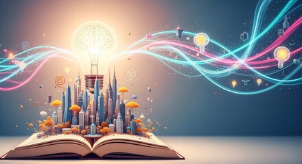 Conceptual illustration of an open book with city lightbulb and energy