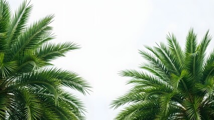 Obraz premium Two Green Palm Trees Against a Light Sky green leaves