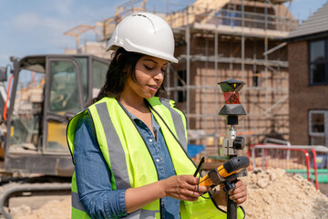 Confident Female Building Surveyor using surveying instrument to conducting measurements at  construction site