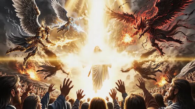 Jesus Christ ascending in a heavenly light, surrounded by heavenly and demonic figures, and worshipped by a crowd of people.
