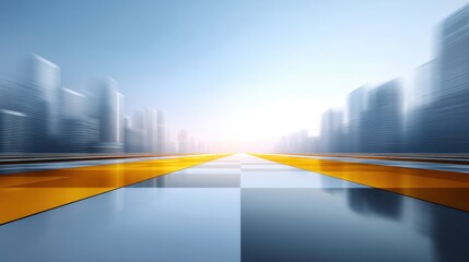 Abstract cityscape with blurred skyscrapers and vibrant orange pathway leading toward bright horizon under clear blue sky