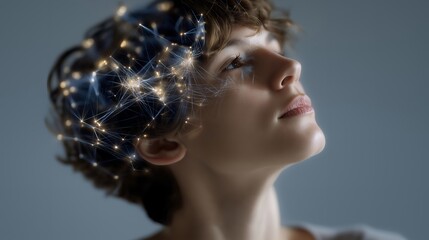 A human brain silhouette double-exposed with neural networks and light particles, illustrating artificial intelligence, machine learning, and cognitive technology innovation. cinematic color