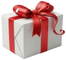 White rectangular gift box with a striking red ribbon and bow, presented on a transparent background