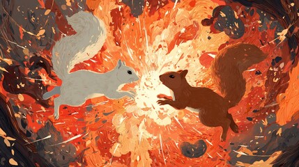 Two squirrels, one white, one brown, leaping away from a fiery explosion