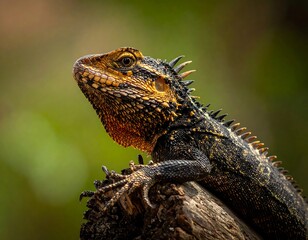 Obraz premium A close-up portrait of a spiky lizard with intricate scales, perched upon a piece of wood, looking into the distance