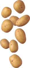 raw unpeeled potatoes falling isolated white background, vegetables with textured brown skin in scattered floating