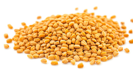 Pile of fenugreek seeds isolated on a white background, a common spice and ingredient