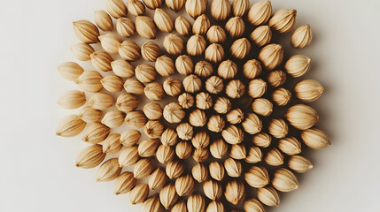 Dried botanical pods arranged in a spiral pattern on a clean white background