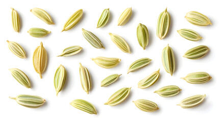 Fennel seeds isolated on white background, top view. Aromatic spice for cooking and health.