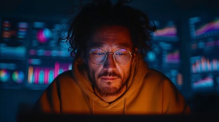 Focused Man Analyzing Data on Computer Screen in Dark Setting