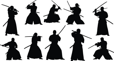 Japanese samurai warrior silhouette collection featuring katana sword combat stances, traditional martial arts training poses, historical Japan illustration in black and white vector