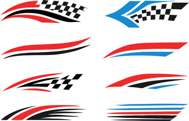 Set of 8 stylized racing stripe vector designs with checkered flags, red-black-blue accents, and dynamic curves, ideal for motorsports branding, vehicle decals, and speed-themed graphic projects.